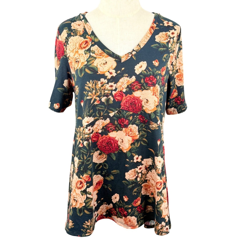 Floral Tunic S Rose V Neck Empire Waist Swing Top Peplum High Low Relaxed EUC